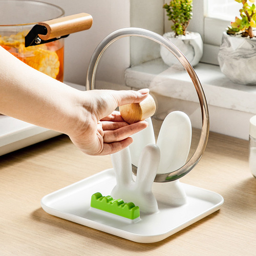 Cute Rabbit Ears Pot Lid Rack Kitchen Double Tier Cardboard Slot Drain Dish Board Storage Rack Removable Multi-purpose Pot Spoon Holder