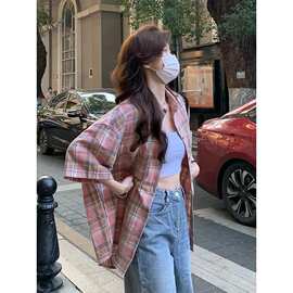 格子衬衫女装oversize2023夏宽松短袖衬衣撞色上衣潮日系复古外