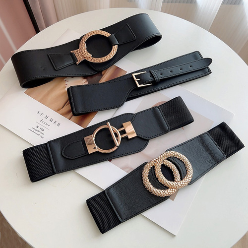 High-end wide belt for women, decorative, fashionable elastic black women's girdle with fashion ins outer coat belt