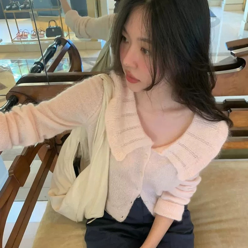 In Stock 2026 Spring New Korean Dongdaemun Tan*At Sweet and Gentle Style Shell Collar Single-Breasted Knitted Cardigan