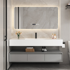 Light Luxury Porcelain Slab Seamless Ceramic Basin Integrated Basin Solid Wood Bathroom Cabinet Combo Washstand & Vanity Set for Bathrooms, Manufacturer-Provided