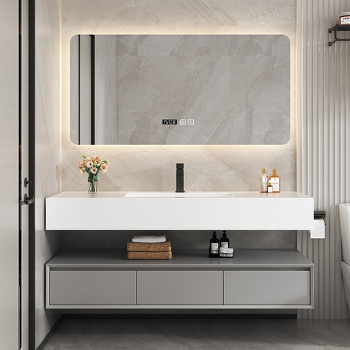 Light Luxury Porcelain Slab Seamless Ceramic Basin Integrated Basin Solid Wood Bathroom Cabinet Combo Washstand & Vanity Set for Bathrooms, Manufacturer-Provided