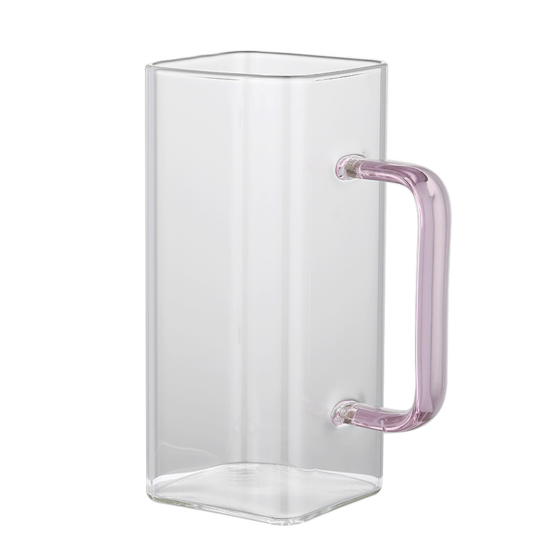 Taza cuadrada de vidrio al por mayor con asa de color, taza para té de flores, taza para jugo y leche de pared recta con asa, taza para preparar té, taza para agua, alto borosilicato.