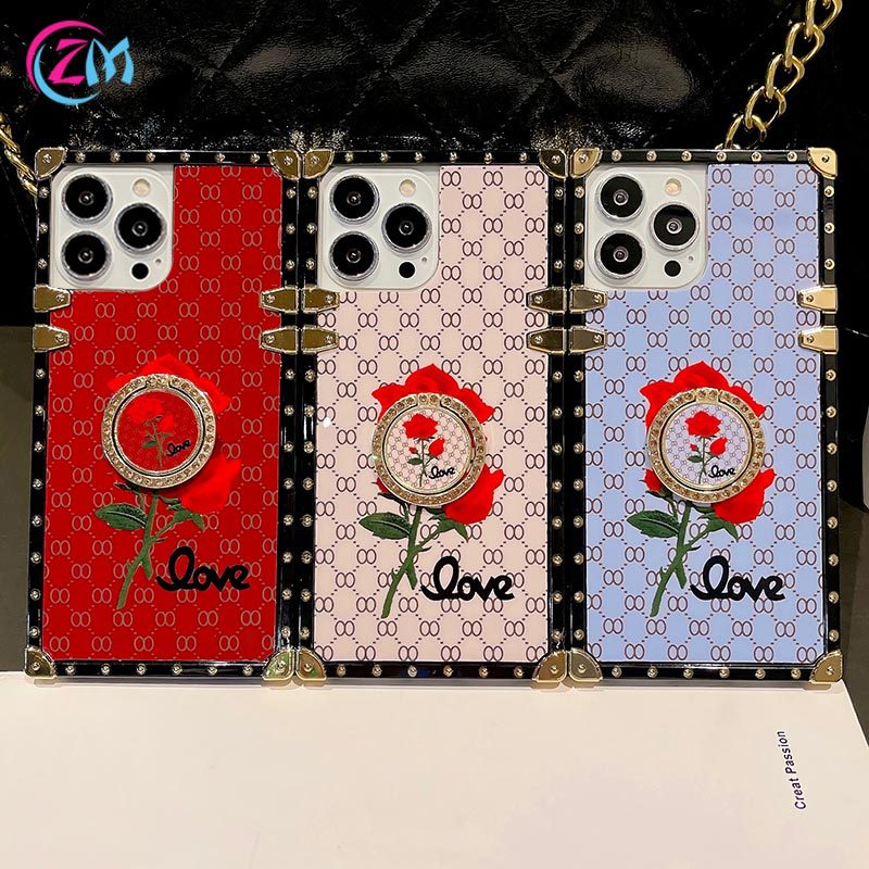 适用iPhone16 17 pro max方形玫瑰花手机壳三星S25镶钻支架保护套