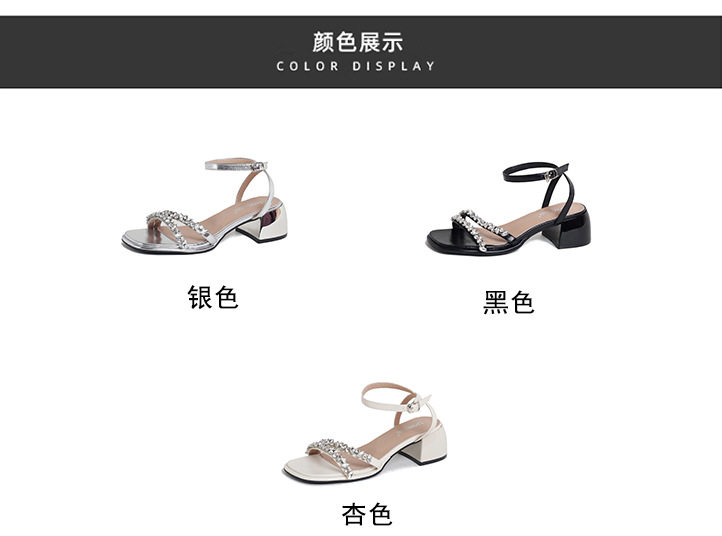 Sandal nữ gót thô 5 cm hở mũi đính đá kiểu Pháp — Màu bạc, Màu mơ, Màu đen chi tiết 5