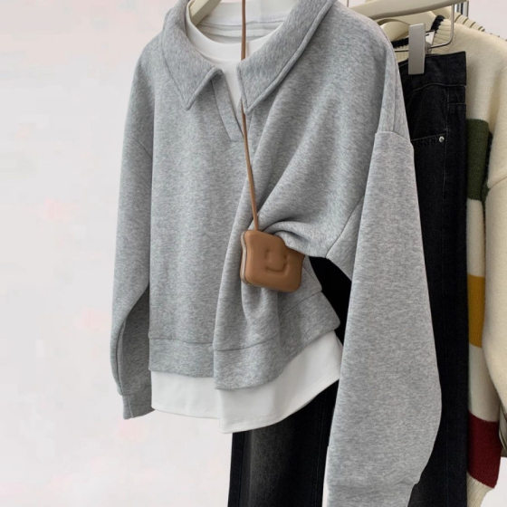 Grey Shoulder Polo Collar Fake Two-piece Sweatshirt Women's Spring and Autumn Lazy Style Loose Slimming Pullover Long-sleeved Lapel Top