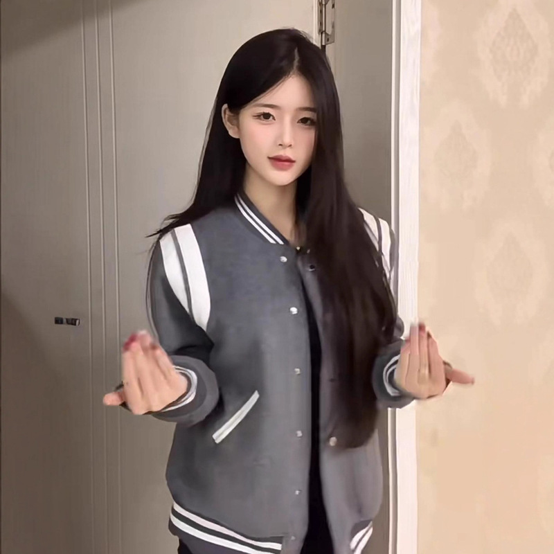 Retro Contrast Vibe Style Stripesd Gray Baseball Uniform Spring 2025 New Street Trendy Cool Hip-Hop Jacket