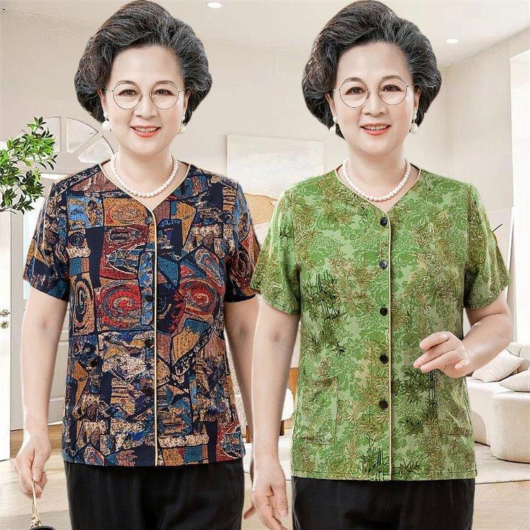 Middle-Aged and Elderly Women's Cotton Silk Shirts, Summer Round-Neck Mom-Style Shirts, Grandma's Short-Sleeved Rayon Tops, Cardigans