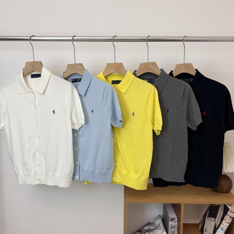 Can Be Scanned for Code/Rl26 Spring/Summer Collection Polo Collar Sweater with Warhorse Embroidery, Cable Knit, Short-Sleeve Cardigan