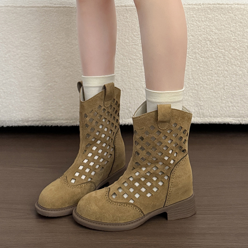 Botas huecas para mujeres primavera y verano de 2026 nuevas botas de talón grueso transpirables de altura delgada botas Martin transpirables
