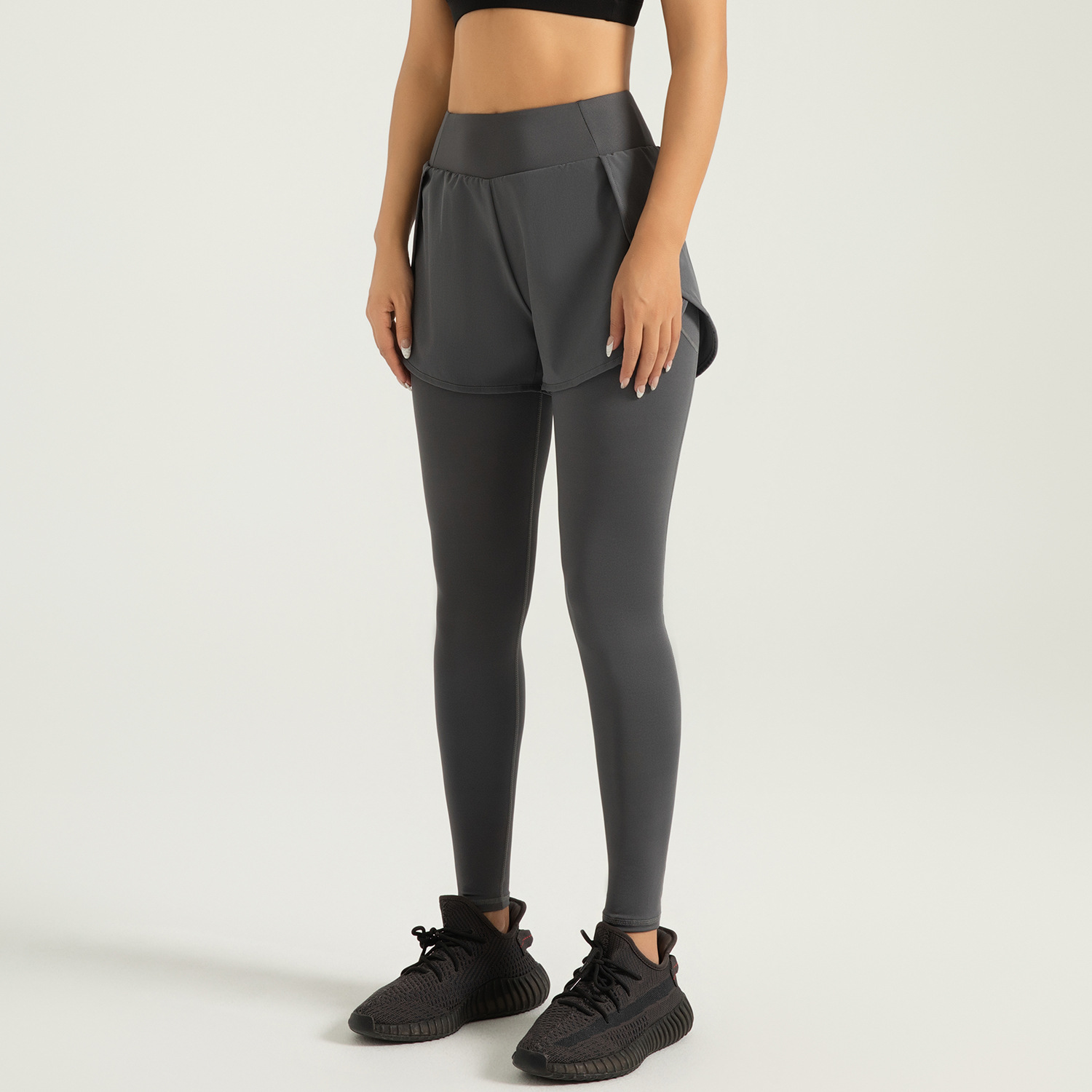 Zona especial transfronteriza falsa de dos piezas de bolsillo calzado de cintura alta elevación de cadera correr pantalones deportivos de fitness