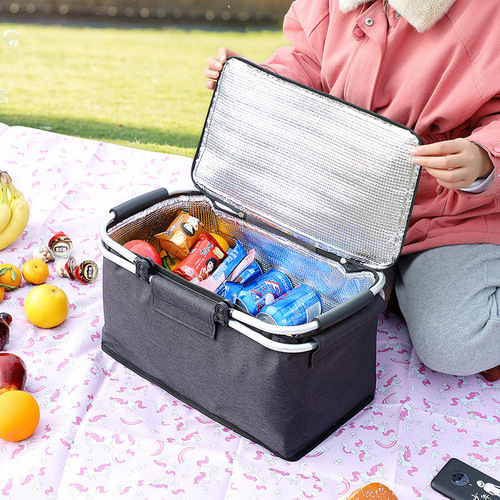 Outdoor Insulated Basket Aluminum Foil Thickened Picnic Basket Oxford Fabric Folding Picnic Bag Insulated Box Ice Bag Ice Basket Wholesale