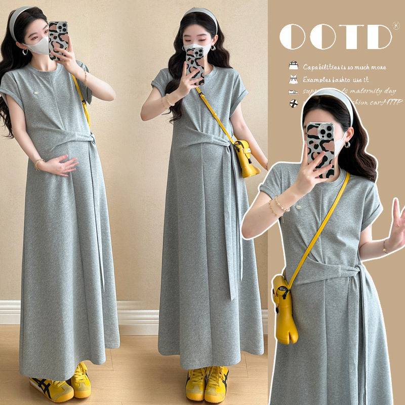Maternity Fashion Design Belt dress Pregnant Women Loose Comfortable Casual T-shirt dress
