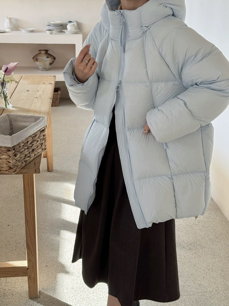 彧言2025冬季韩版羽绒服女中长百搭泡芙白鸭绒纯色连帽清新冬外套