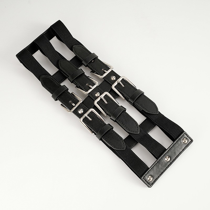 New Waistband with Waistband and Three Row Needle Buckle Ins Punk Women's Fashion Matching Dress Shirt Elastic Wide Waistband_voghion.com