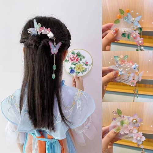 Children's ancient style broken hair combed girl's Hanfu step rocking tassel hairpin headdress girl's Chinese style back head hair accessory