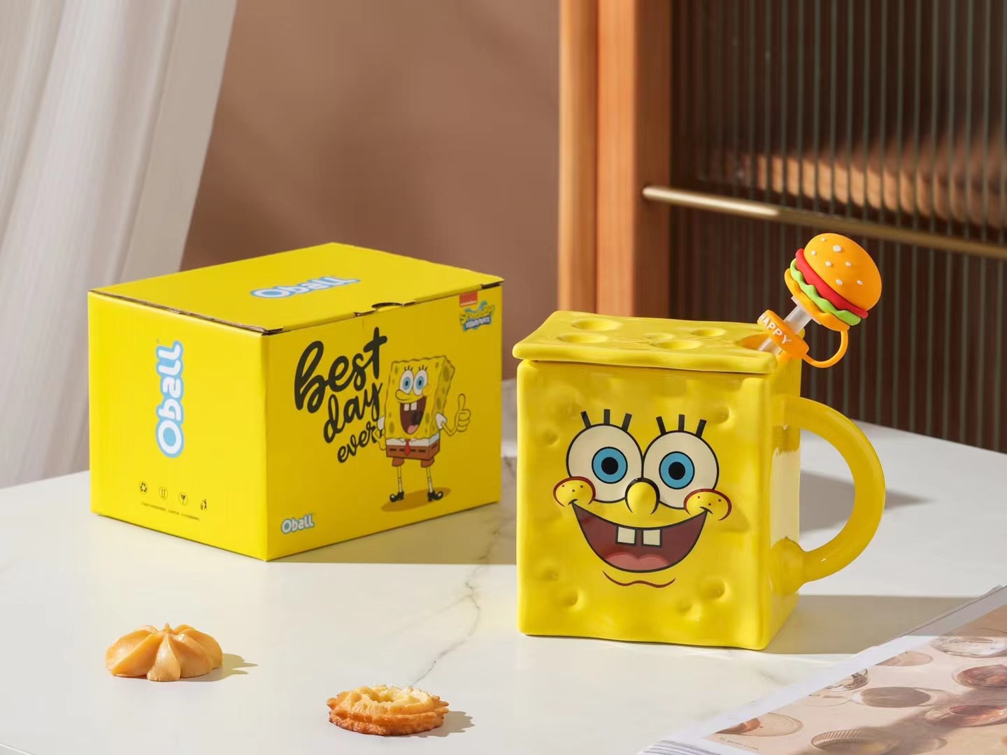 Personalidad creativa esponja bebé productos genuinos autorizado de dibujos animados taza de agua de cerámica regalo taza de paja con tapa