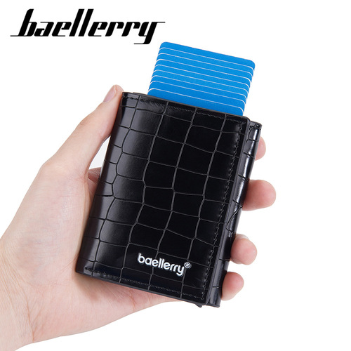 baellerry new men's card holder European and American cross-border crocodile pattern aluminum box elastic card holder buckle simple wallet