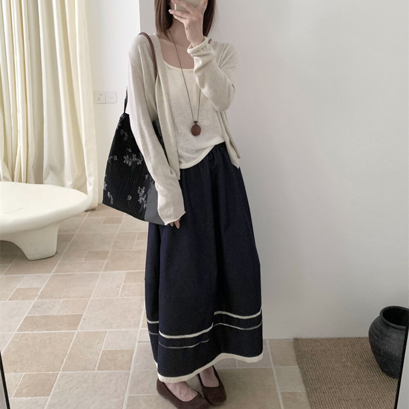 日系文艺范拼接牛仔女宽松高腰显瘦花苞裙半身裙|undefined