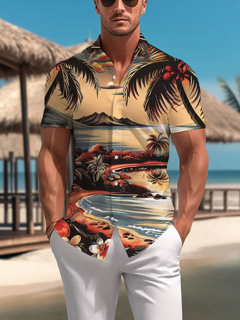 Ropa de hombre de comercio exterior de estilo europeo y americano 2024 nueva camisa de manga corta con patrón de árbol de coco de moda casual de todo fósforo MB1