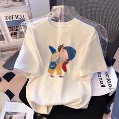 純綿半袖tシャツ女性夏2025新型ゆるい丸首百合プリント正肩半袖tシャツ上着ins