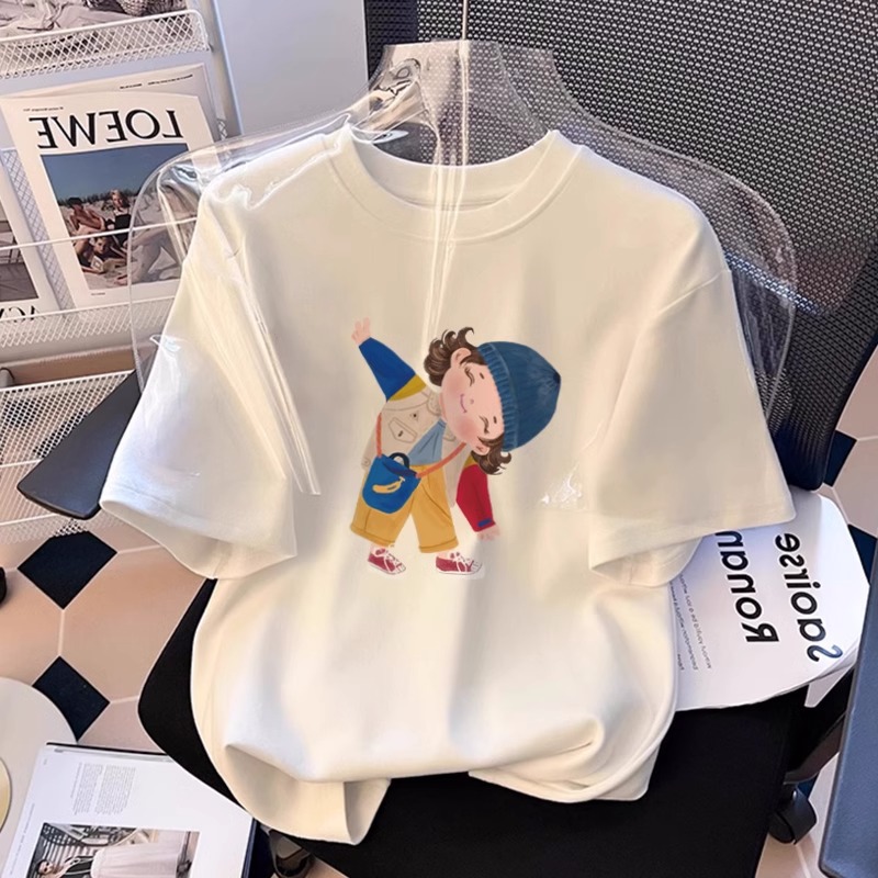 纯棉短袖T恤女夏季2025新款宽松圆领百搭印花正肩半袖体恤上衣ins