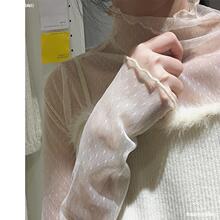 2025春秋新款圆点网纱打底衫女长袖蕾丝内搭镂空透视薄纱上衣白色