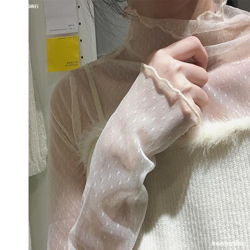 2025春秋新款圆点网纱打底衫女长袖蕾丝内搭镂空透视薄纱上衣白色