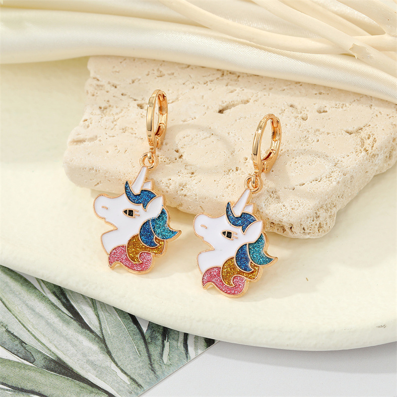 European Jewelry Cute Colorful Glitter Unicorn Necklace Earrings Women display picture 3