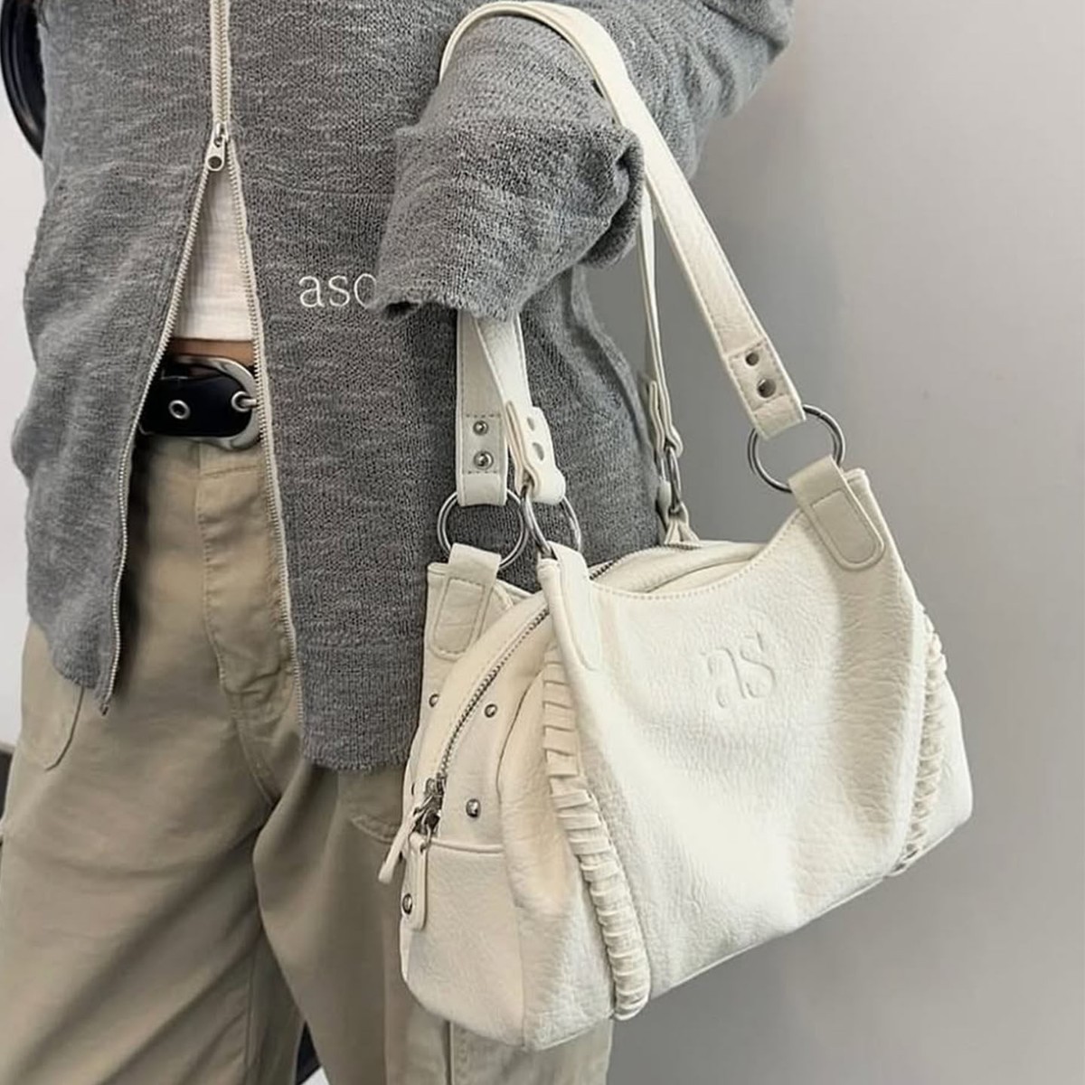 Korean Ason Hobo Leather Motorcycle Bag For Women - Niche Large Capacity Tote, Shoulder, Underarm And Handbag - Thumbnail 3