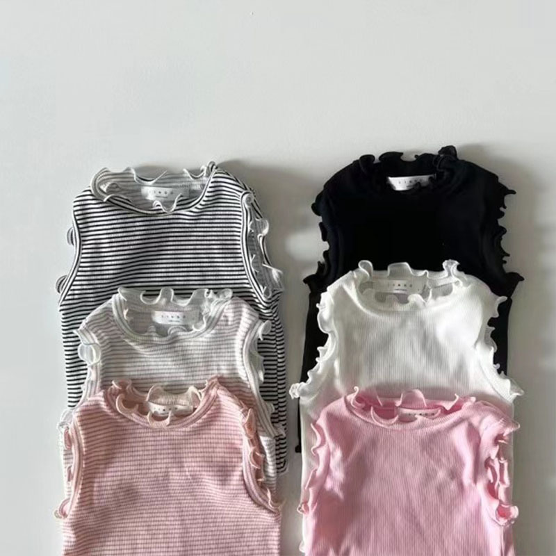 Estilo coreano ins infantil ropa para niños verano algodón fino fresco oído de madera chaleco bebé color sólido rayas moda camiseta sin mangas