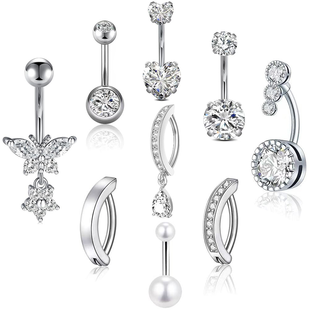 Zircon Butterfly Flower Belly Button Ring Set - Gold Plated Stainless Steel Navel Piercing Jewelry detail image 7