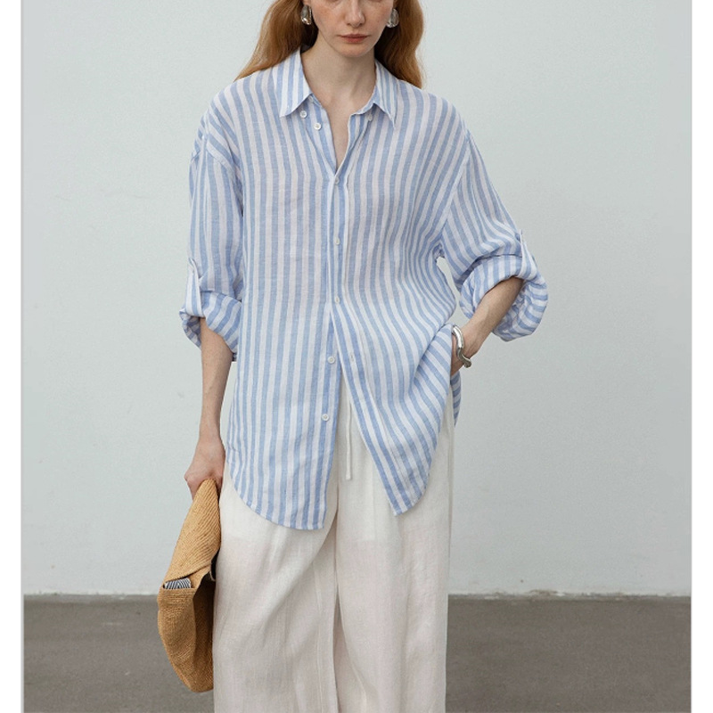 Áo sơ mi nữ linen sọc xanh trắng dáng rộng chống nắng mùa hè — Sọc xanh trắng chi tiết 2