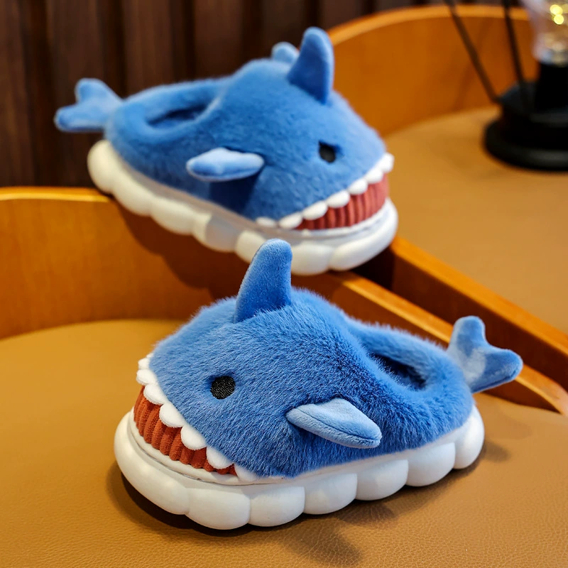 Children's winter slippers for men and women, cartoon cute keep warm plush shark, increased thickness, wholesale