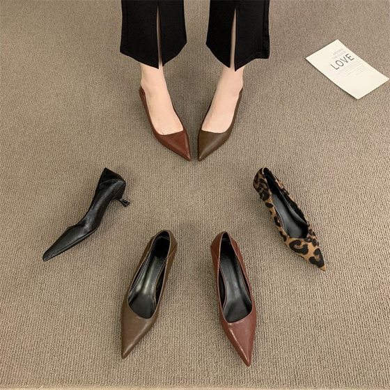2024 Autumn and Winter New Pointed Shallow High Heels Leopard Print Fashion All-match Elegant Commuter Low Heel Kitten Documentary Shoes