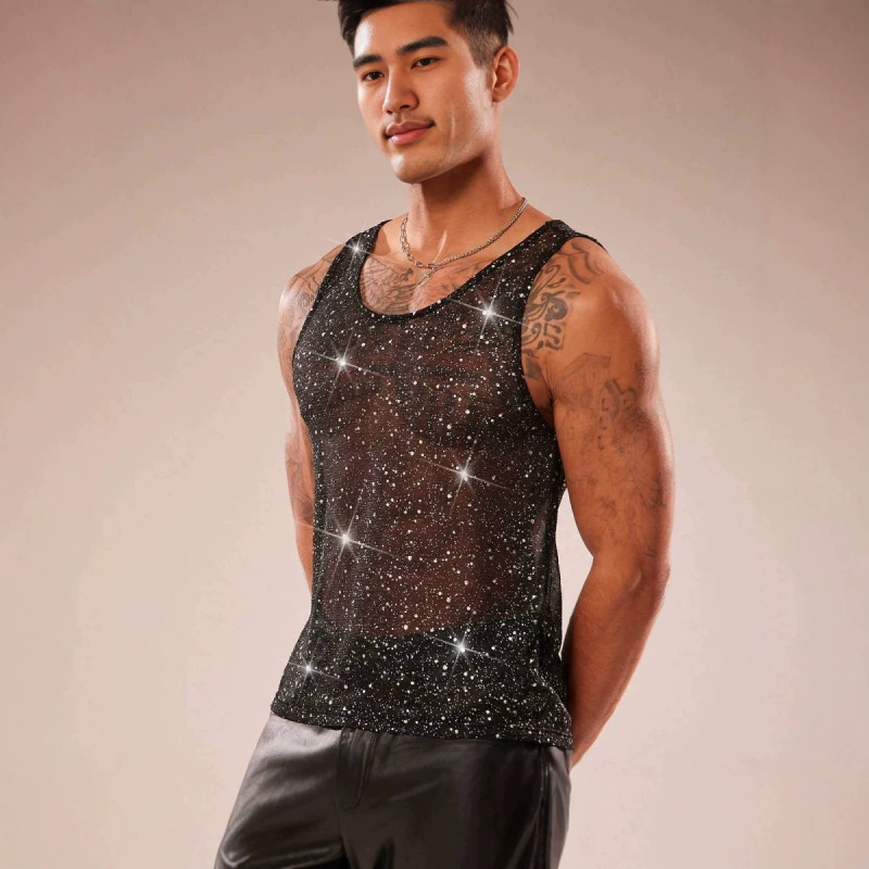Cross-Border Sequined Solid Color Men's Vest with Sparkling Rhinestones, Nightclub Fine Sparkle Party Music Festival Men's Fashion Top Cross-Border Sequined Solid Color Men's Vest with Sparkling Rhinestones, Nightclub Fine Sparkle Party Music Festival Men's Fashion Top