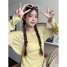 韩系黄色防晒针织长袖T恤女夏季百搭宽松薄款空调衫罩衫上衣p87a