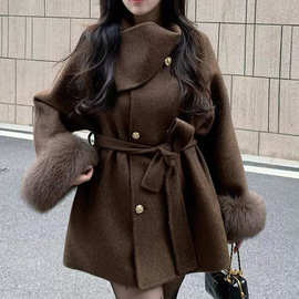 咖色双面羊绒大衣女2025冬季高级感名媛千金风小个子短款毛呢外套