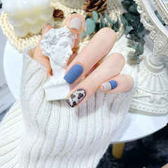 B223藍黑豹紋手感磨砂中長款氣質顯白假指甲貼片便攜式穿戴假片