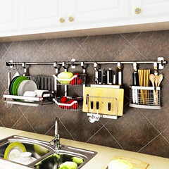 Thickened multifunctional kitchen rack storage rack wall-mounted knife holder stainless steel hanging rod drain bowl rack hardware pendant