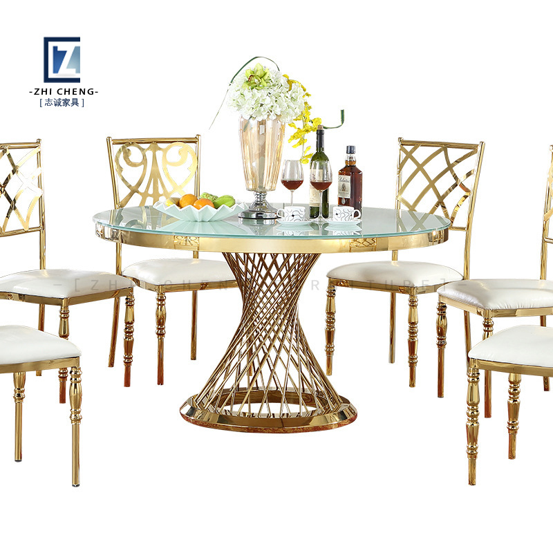 Mesa de boda para exteriores con tablero ovalado de vidrio dorado y acero inoxidable, mesa de comedor combinada para alquiler de banquetes integrada