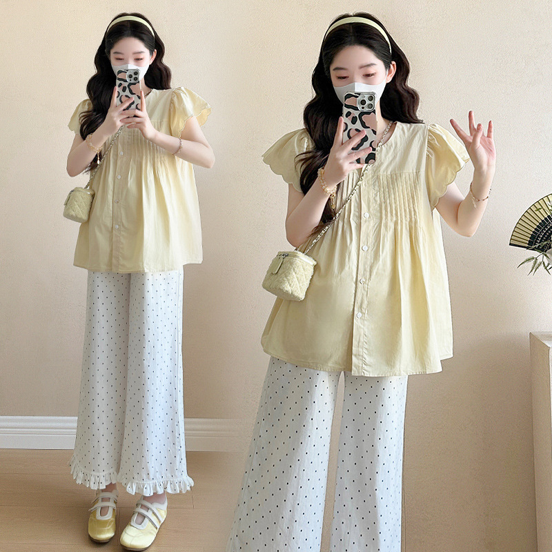 2025 Summer New Pleated Petal Sleeve Doll Shirt Top Belly Pants Small Outer Wear Pregnant Women's suit