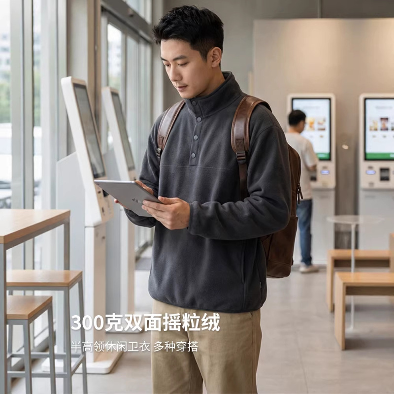 Dengjie Fleece Polo Collar Sweatshirt Men's Fleece-Lined Thickened Jacket Autumn and Winter Half-Open Collar Casual Pullover in Stock