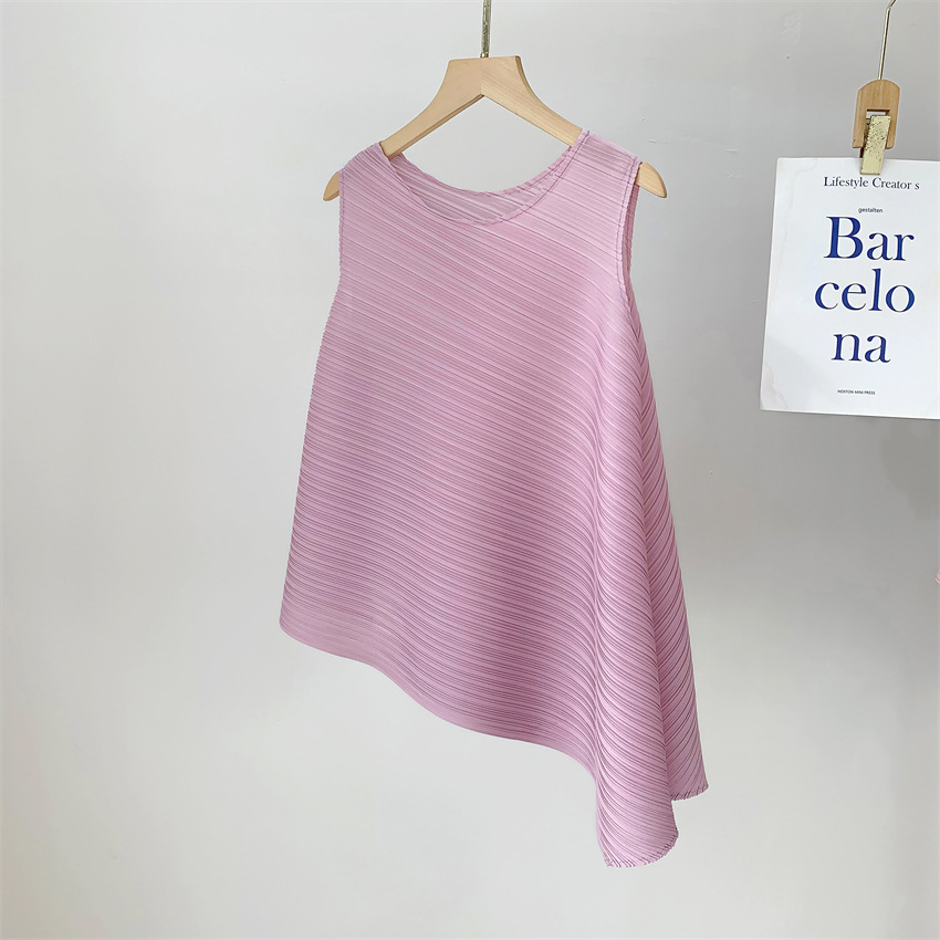 三宅流プリーツトップス レディース イレギュラーTシャツ ラウンドネック ノースリーブ ニッチ 快適 カジュアル ファッション 多用途