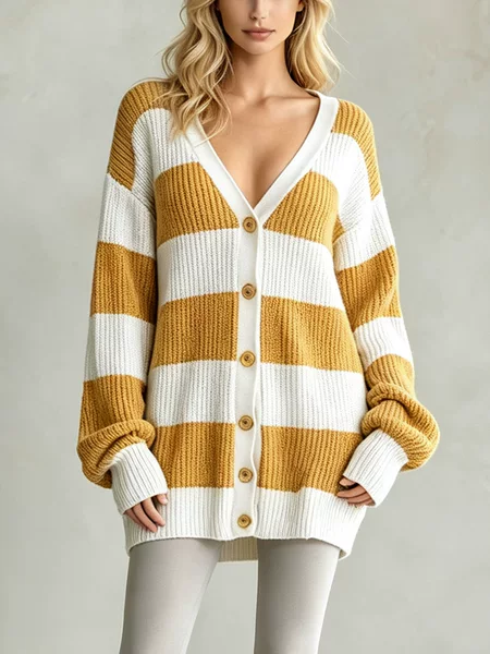 European and American cross-border foreign trade women's clothing, new autumn and winter style, casual striped knit cardigan with long sleeves and buttons