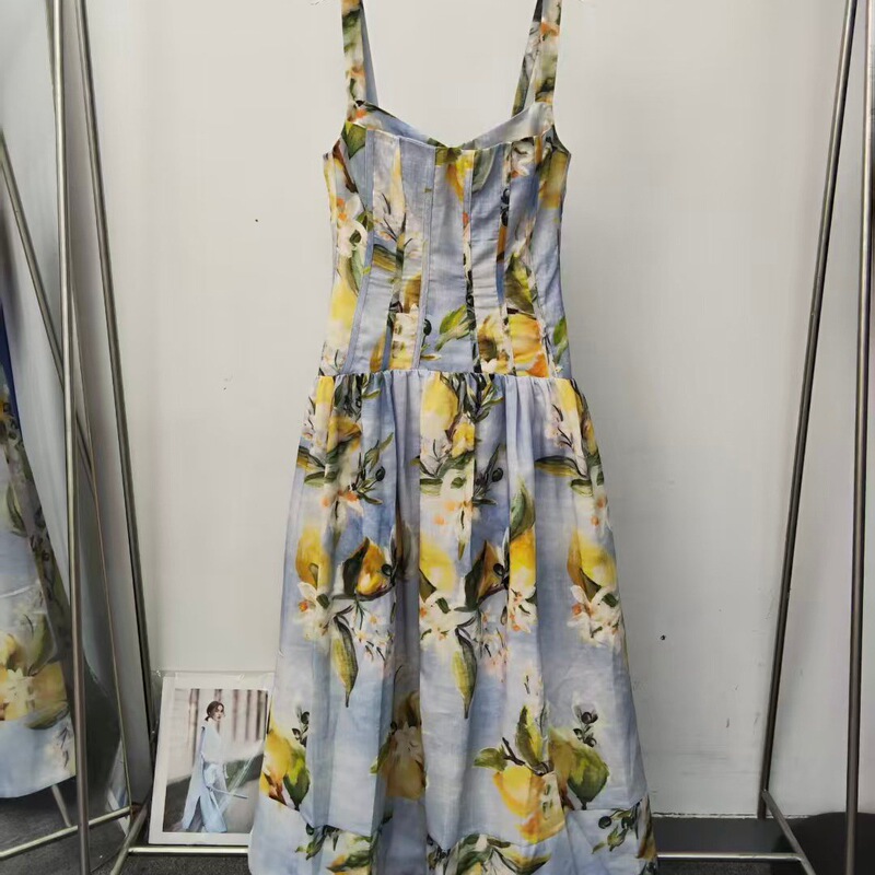 Summer New Style Lemon Print French Style Long Slim Sleeveless Suspender Dress Summer New Style Lemon Print French Style Long Slim Sleeveless Suspender Dress