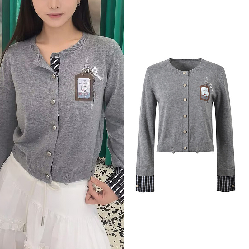 2025 Autumn New Design Cartoon Cat Loose Print Long Sleeve Short Knitted Cardigan Top 2025 Autumn New Design Cartoon Cat Loose Print Long Sleeve Short Knitted Cardigan Top