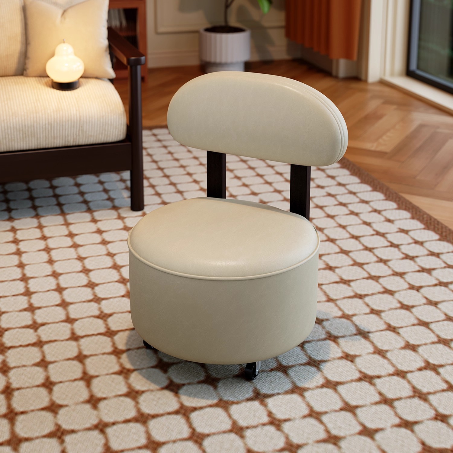 Swivel Small Stool with Solid Wood Wheels, Low Stool for Home Use, Shoe-Changing Stool, Children's Small Chair with Wheels, Small Bench with Backrest