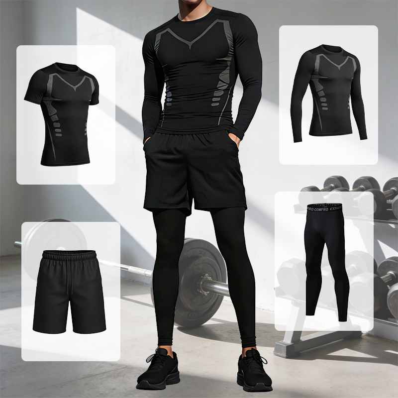 Sportswear Set for Men, Quick-Dry Compression Tight-Fitting Short-Sleeve High-Elastic Top, Running Fitness T-Shirt with Print, Cross-Border