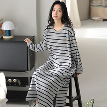 睡裙女秋季长袖圆领睡衣宽松纯棉中长款条纹少女可外穿家居服全棉